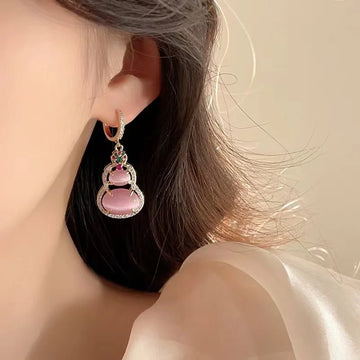 DAIIIBABYYY  -  New Chinese Traditional Pink Jade Gourd Shape Drop Earrings Women Ear Buckle Style Rhinestone Earring Wedding Jewelry